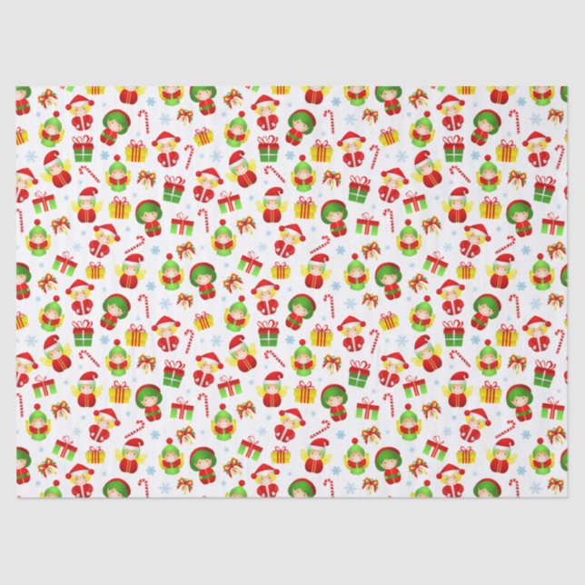 Papel De Seda Pequeños elfos con adornos navideños impecables (Anverso)