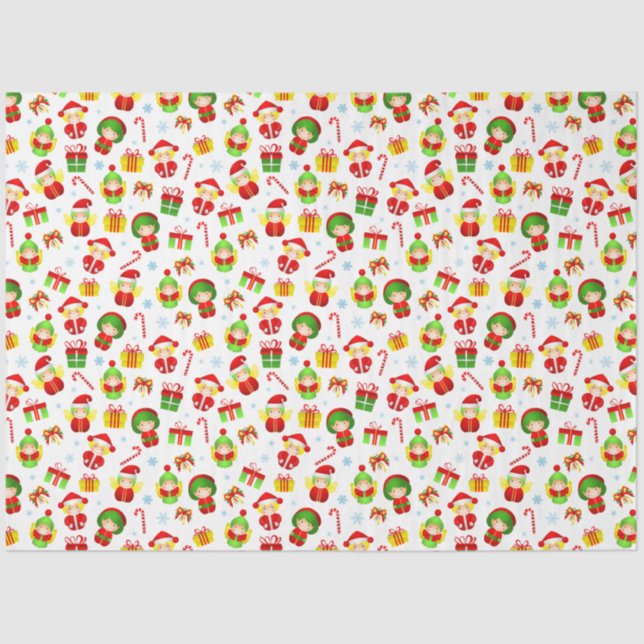 Papel De Seda Pequeños elfos con adornos navideños impecables (Anverso)