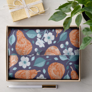 Papel De Seda Peras y flores en Naranja y azul