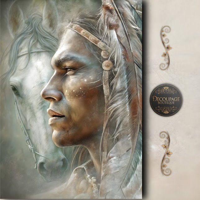 Papel De Seda Perfil de Guerrero Nativo & Decoupage de Caballo (Native Warrior Profile & Horse Decoupage Tissue Paper)