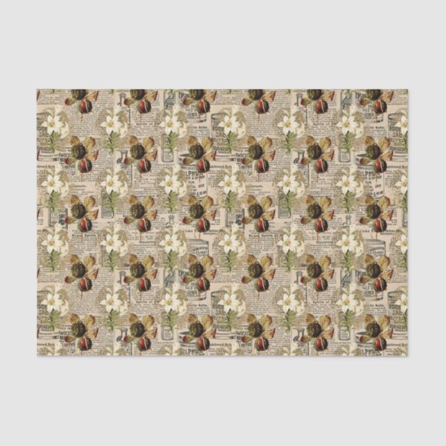 Papel De Seda Periódico Antiguo y Frutas del Bosque (Anverso)