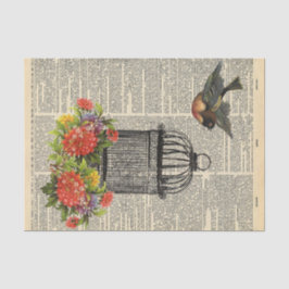 Papel De Seda Periódico Vintage con desenlace de pájaro jaula