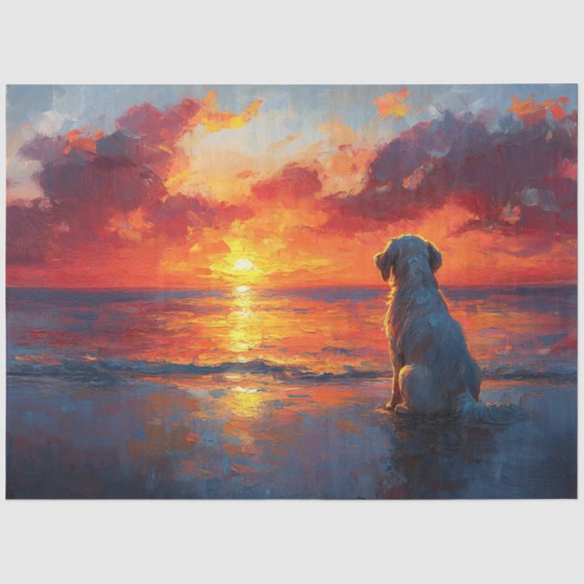 Papel De Seda Perro en la Playa Observando el Atardecer Decoupag (Anverso)