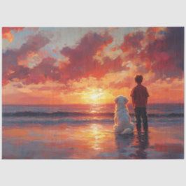 Papel De Seda Perro y niño viendo la puesta de sol en la playa