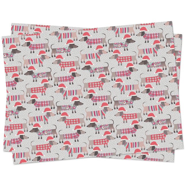 Papel De Seda Perros Dachshund Sausage en Navidades Gorras y Kné (Fun Christmas Dachshund Wiener Sausage dog pattern holiday tissue paper)