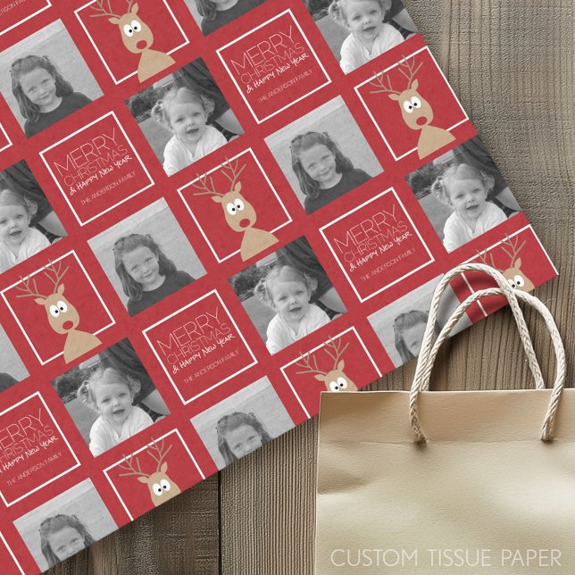 Papel De Seda Personalizado de renos con Feliz Navidad y foto (Custom Tissue Paper)