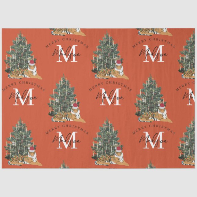 Papel De Seda Personalizado Feliz Navidad Monograma tigre y rojo (Anverso)