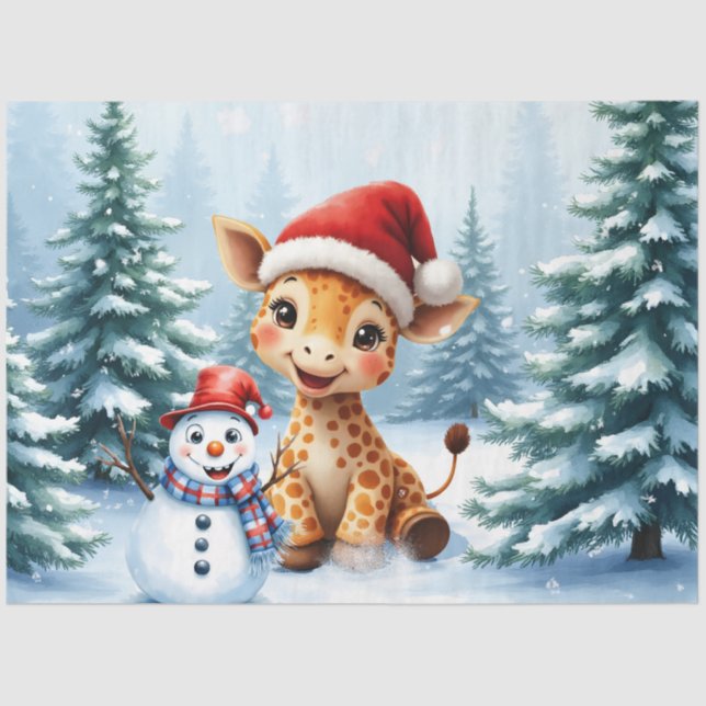 Papel De Seda Personalizado lindo Giraffe con Santa Hat y Snowma (Anverso)