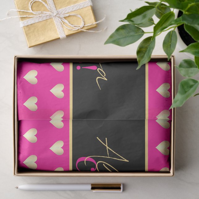 Papel De Seda Personalized Hot Pink Black Gold Heart Christmas (Regalo )