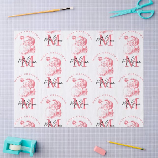 Papel De Seda Personalized Merry Christmas Pink Santa Monogram (Artesanía)