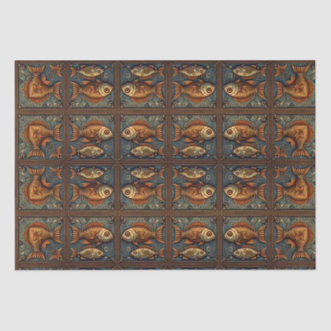 Papel De Seda Pesca Steampunk Verde y marrón dorado (Anverso)