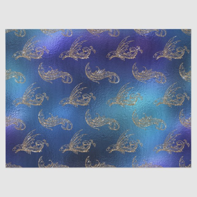 Papel De Seda Pescado Purpurinoso dorado en deshielo azul (Anverso)