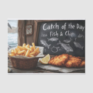 Papel De Seda Pescado y patatas clásicas y Ilustracion de pizarr