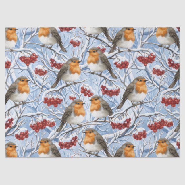 Papel De Seda Petirrojos de Invierno y Ramas Nevadas (Anverso)