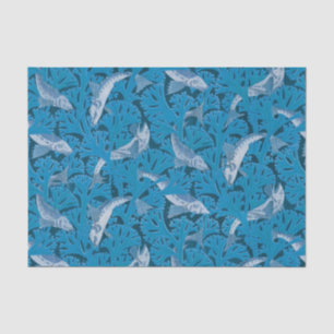 Papel De Seda Pez Azul Vintage y Algas: Náutica Art Nouveau