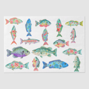 Papel De Seda Pez Floral Acuarela Caprichoso Colorido