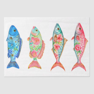 Papel De Seda Pez Floral Acuarela Caprichoso Colorido