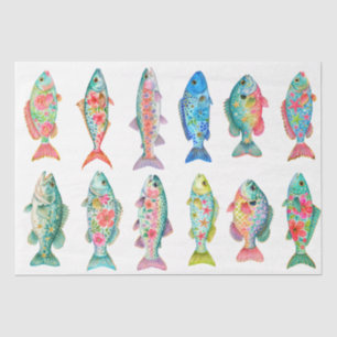Papel De Seda Pez Floral Acuarela Caprichoso Colorido