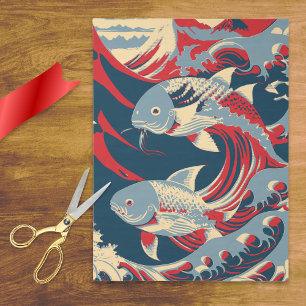 Papel De Seda Pez Koi en estilo de gran ola con azul marino rojo