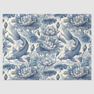 Papel De Seda Pez Koi y Nenúfar Azul Chinoiserie Toile