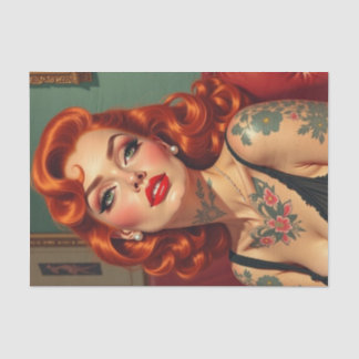 Papel De Seda Pin-up Retro Redhead con desenlace de tatuajes