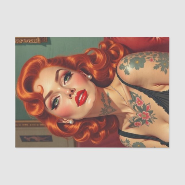 Papel De Seda Pin-up Retro Redhead con desenlace de tatuajes (Anverso)