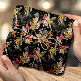 Papel De Seda Piña tropical Hibiscus Foliage en negro