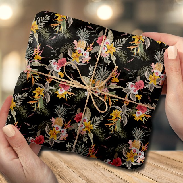 Papel De Seda Piña tropical Hibiscus Foliage en negro (Subido por el creador)