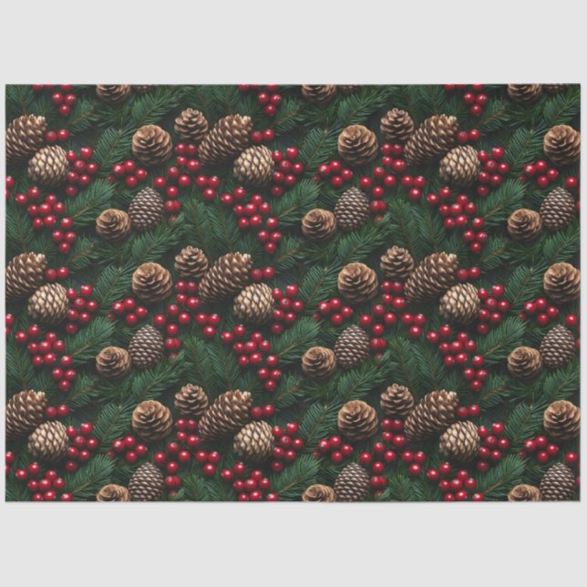 Papel De Seda Pine Cones Holly Berries Spruce Sprig Pattern (Anverso)