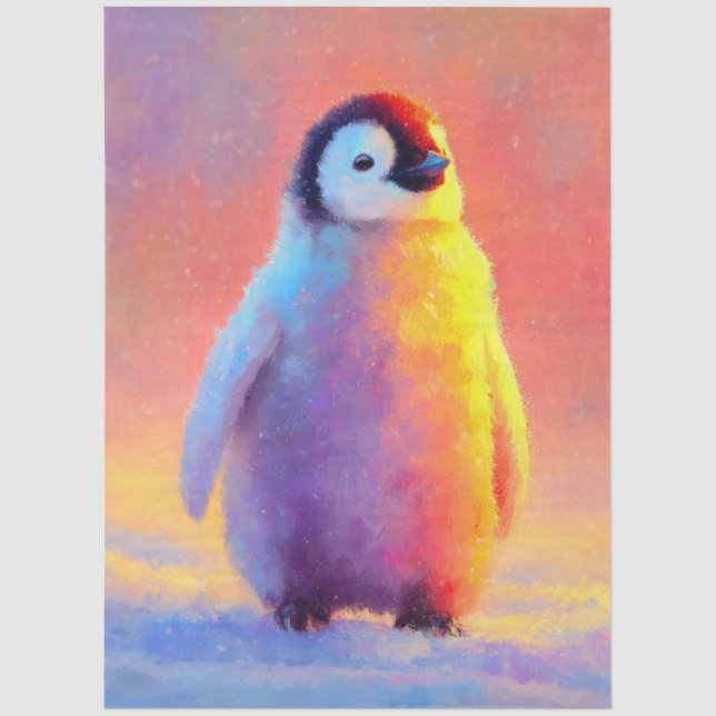 Papel De Seda Pingüino bebé en la nieve con brillo de arcoíris (Anverso)