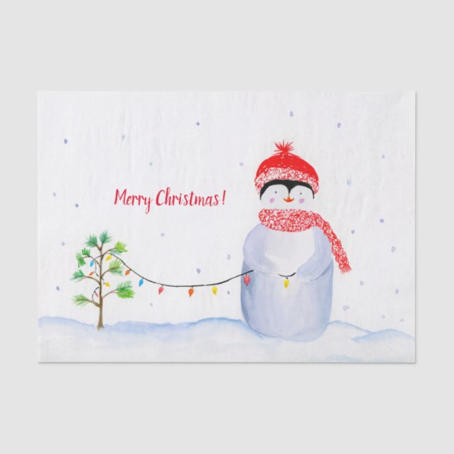 Papel De Seda Pingüino de Acuarela Con Luces de Navidad (Anverso)