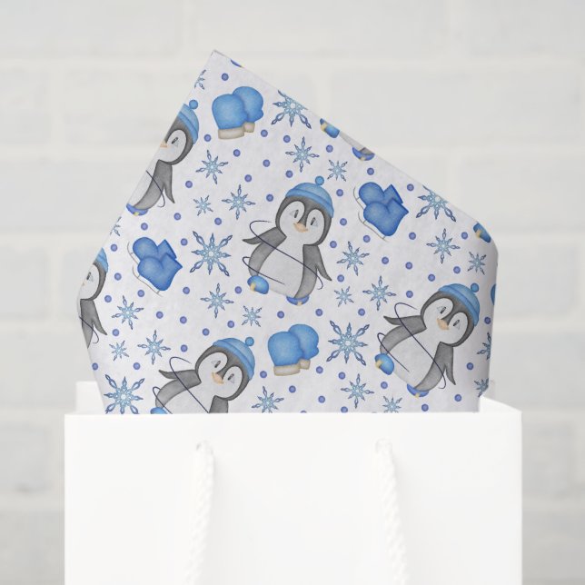 Papel De Seda Pingüino de patinaje sobre hielo de Navidades azul (Bolsa de regalo)