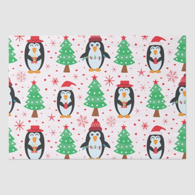 Papel De Seda Pingüinos de Navidad con Patrón de Pinos (Anverso)