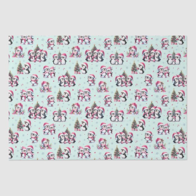 Papel De Seda Pingüinos divertidos Patrón Mint Navidades verdes  (Anverso)
