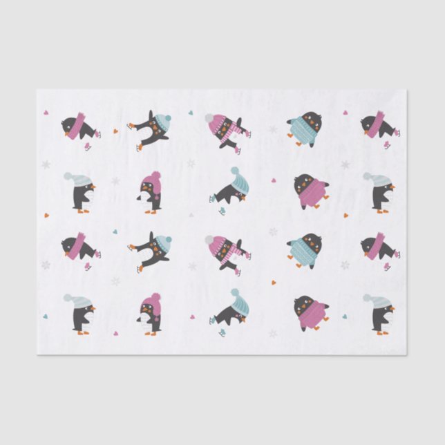 Papel De Seda Pingüinos personalizados con corazones y copos de  (Anverso)