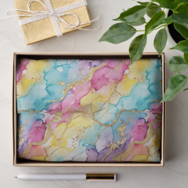 Papel De Seda Pink Aqua Turquoise Yellow Purple Gold Marble (Regalo )