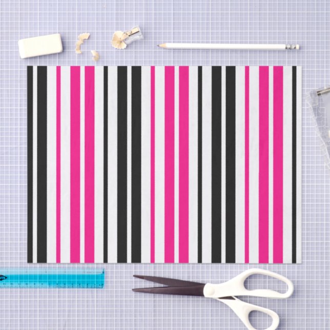 Papel De Seda Pink Black White Stripes Pattern Design  (Artesanía)