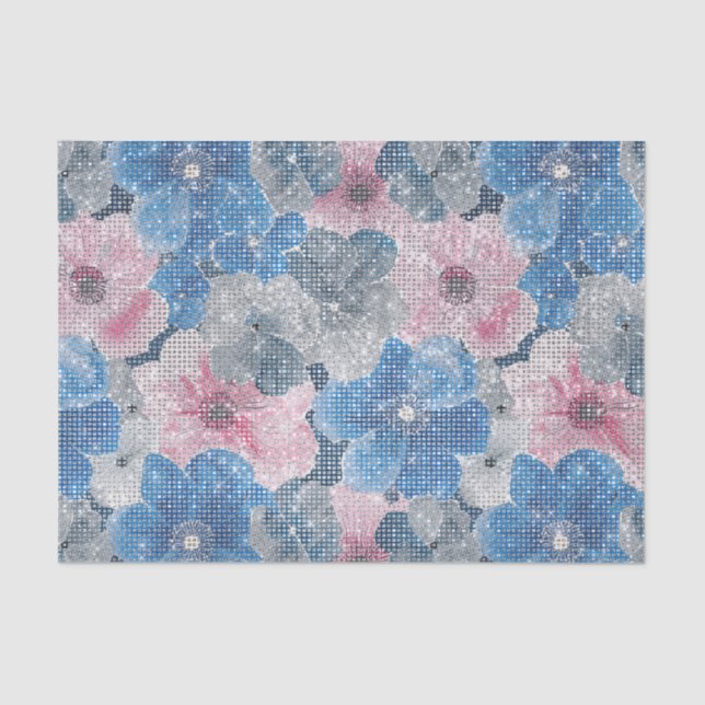 Papel De Seda Pink Blue Flowers Sparkle (Anverso)