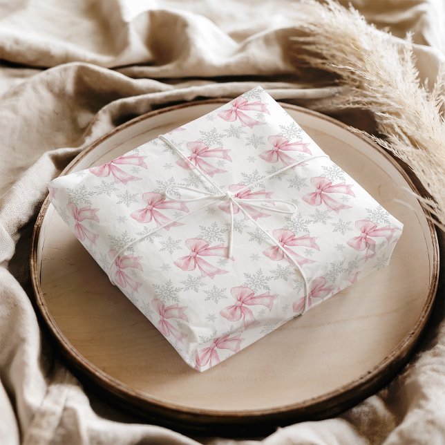 Papel De Seda Pink Bow Silver Snowflake Winter Theme (Pink Bow Silver Snowflake Winter Theme Tissue Paper)