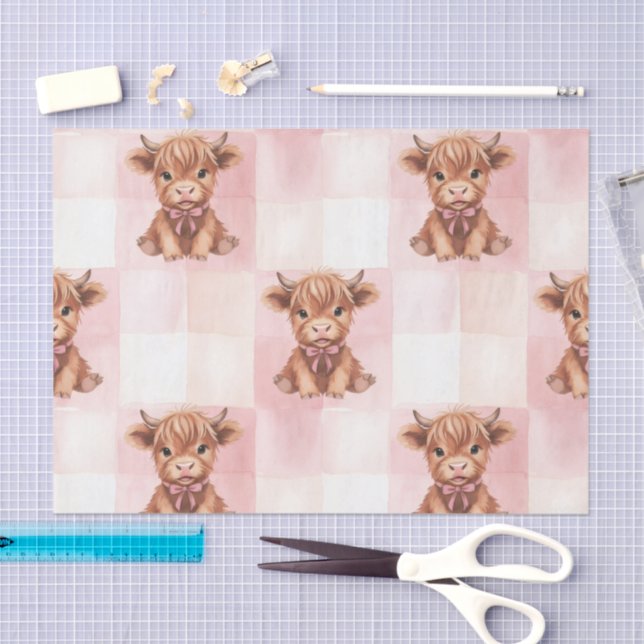 Papel De Seda Pink Checkered Highland Cow Cute Gift Wrap (Artesanía)