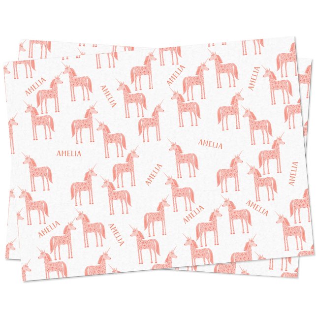 Papel De Seda Pink de nombres personalizados de unicornio (Personalized custom name pink unicorn pattern tissue paper)