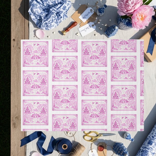 Papel De Seda Pink faux porcelain Chinoiserie Willow Tile (Pink faux porcelain Chinoiserie Willow Tile Tissue Paper)