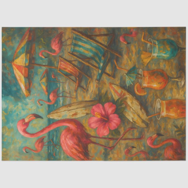 Papel De Seda Pink Flamingos – Tropical Coastal Decoupage (Anverso)