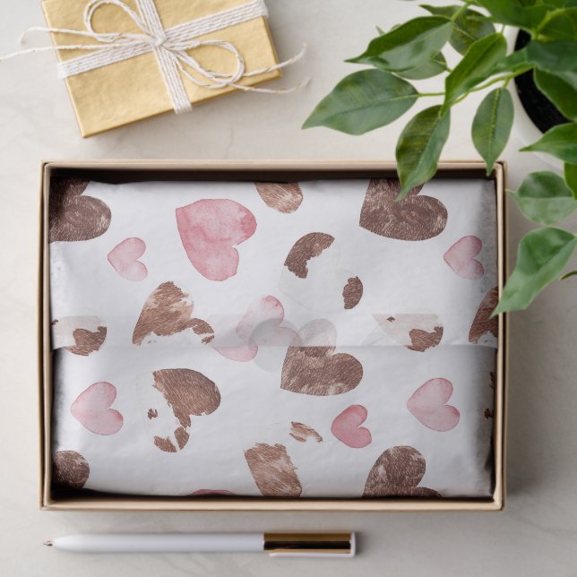 Papel De Seda Pink Hearts Brown Cocoa Cow Print Cumpleaños (Regalo )