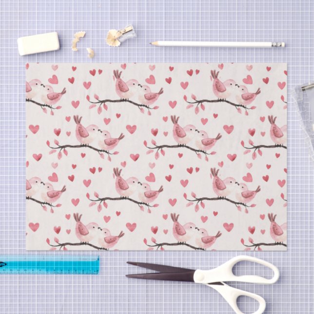Papel De Seda Pink Hearts Love Birds Valentine's Day Wedding (Artesanía)
