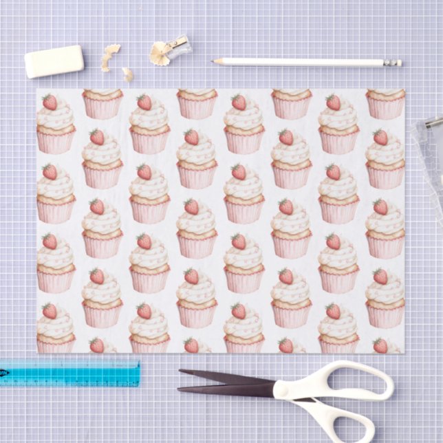 Papel De Seda Pink Hearts Strawberry Cupcake   (Artesanía)