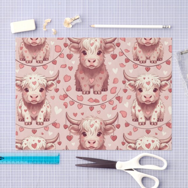 Papel De Seda Pink Highland Cow Valentine Hearts Roses (Artesanía)