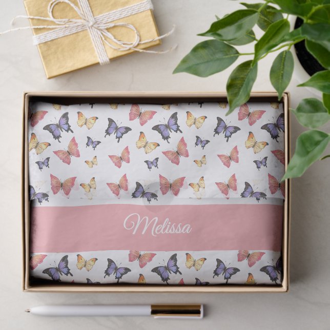 Papel De Seda Pink Purple Butterflies Custom Name (Regalo )