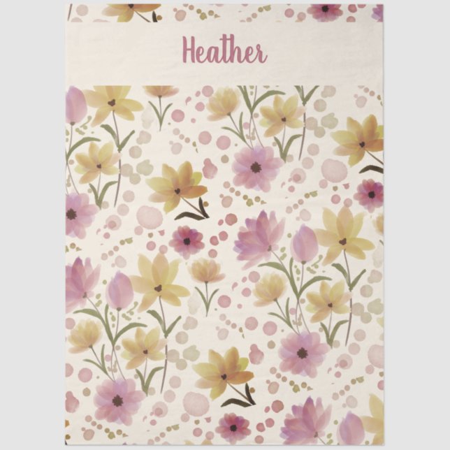 Papel De Seda Pink Wildflower Watercolor Monogram Name (Anverso)