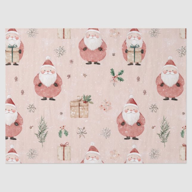 Papel De Seda Pink Winter - Santa Claus, Snowflakes, Holly (3) (Anverso)